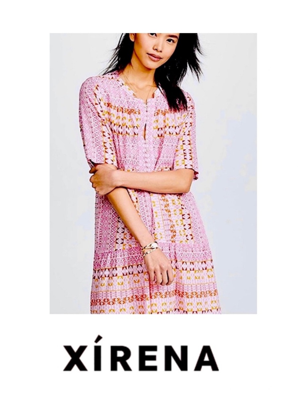 XiRENA Pink Crochet Midi Dress with Gold Accents, Size Medium